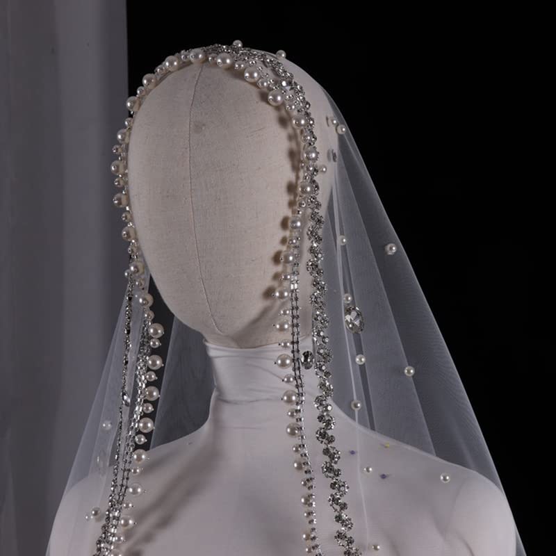 Velo de Novia Colección de Boda Perlas Cuentas Velos Rhinstone Tocado de Novia Boda (Color : Ivory, Size : 300cm)