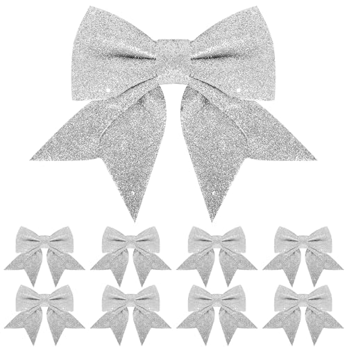 8 Pack Glitter Silver Christmas Bows Christmas Tree Bows 6 inch Wide, Silver Bows for Christmas Tree Decorations Gift Wrapping Ornaments Xmas Wreath Bows Garland Crafting Decorations Bows Supplies