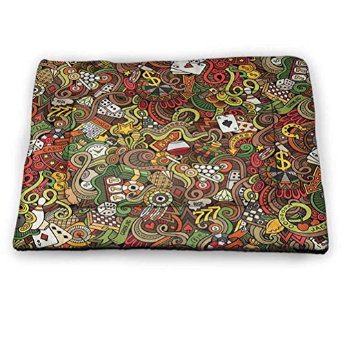 DayDayFun Casino Pet Placemat Doodles Style Artwork of Bingo and Cards Excitement Checkers King Tambourine Vegas Washable Puppy Pad Multicolor 40"x27"