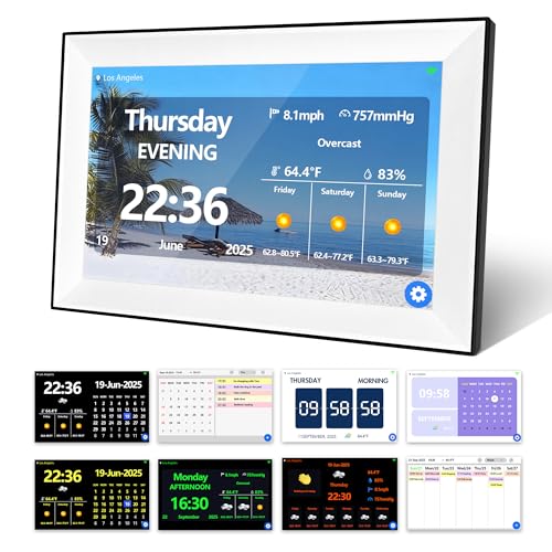 TIXINPO WiFi Touch Screen Digital Calendar Clock 64 Custom Alarms with Auto-Sync Time & Date 7-Day Weather Forecast Weekly Schedules Desk Clock (10.1 White)