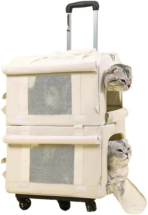 Double-Decker Pet Carrier with Wheels, Detachable 2-in-1 Cat Carrier Backpack & Rolling Pet Stroller, Breathable Mesh Pet Travel Bag for 2 Cats, Portable Pet Trolley for Outdoor, Vet Visits & Travel