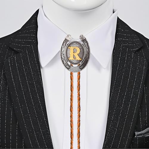 Image of Vintage Western Cowboy Monogram Initial Letter Bolo Tie for Men | Premium brown braided leather, adjustable sliding clasp, anti-tarnish alloy pendant, versatile A-Z western bolo tie