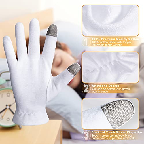 Mnopq 100% Cotton Moisturizing Gloves, White Cotton Gloves Overnight Bedtime For Moisturizing Hands, Eczema | Touch Screen, Wristband And Washing Bag, 4 Pairs Medium #TOP1