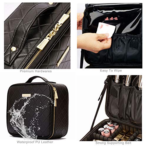 ROWNYEON Makeup Travel Case Rhomboid Makeup Bag Organizer Portable Cosmetic Makeup Train Case Storage Bag Diamond Pattern Cosmetic Bag for Women,Cosmetics PU Leather Waterproof Small,Black