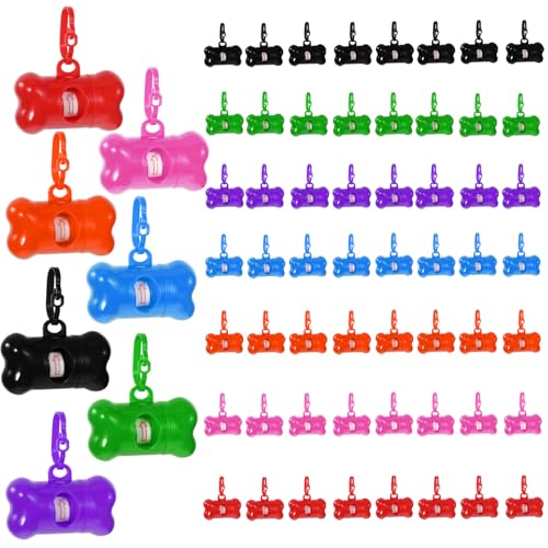 63 Pack Bone Shaped Poop Bag Dispenser, Dog Poop Waste Bag Holder Container with Hook, Leakproof Pet Waste Disposal Bags for Outdoor Pet Supplies 7 Colors