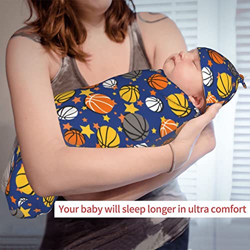 Image of Basketball Newborn Swaddle Blankets with Hat Sets Newborn Receiving Blanket for Boy Girl Swaddle Sack Shower Infant Gift