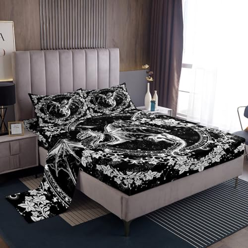 Feelyou Boho Exotic Dragon Sheet Set for Girls Boys Kids Queen Size Sun Moon Sheets with Deep Pocket Fitted Sheet Room Decorative Bohemian Animals Theme Bed Sheets Set Galaxy Floral Bed Set 4Pcs