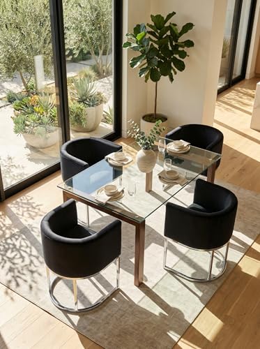 Image of HNY Mid Century Modern Upholstered Barrel Dining Chairs with Arms Set of 3, Velvet Kitchen & Dining Room Chairs, 18.5 inch Wide Accent Chairs for Dining Room Living Room with Chrome Metal Frame, Black