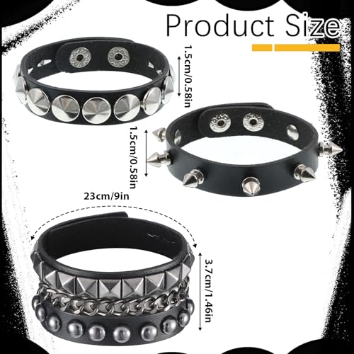 3 Pcs Punk Rock Studded Bracelets Set, Adjustable Leather Spiked Studded Bracelet Cuff Goth Bracelets, 80s Emo Bracelet for Men and Women Halloween Emo Accessories2