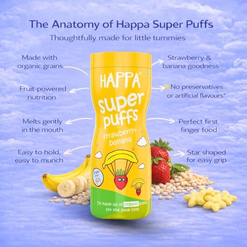 Image of Happa Organic Multigrain Strawberry & Banana Melts Super Puffs (Healthy Organic Snack for Little One, 8 Months+) Pack of 2