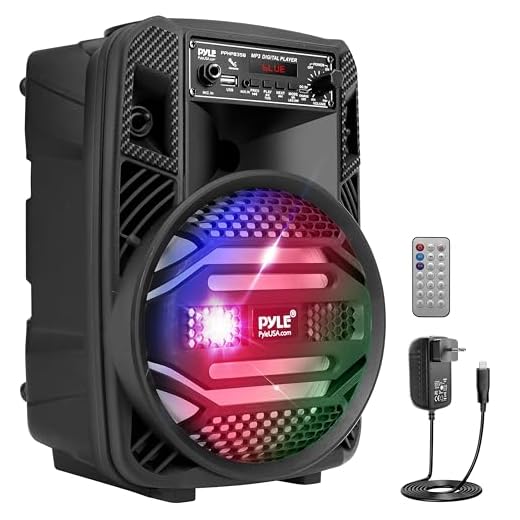 PYLE Sistema de Altavoces, PA, 300W, Bluetooth, portatil, Recargable, Exteriores, subwoofer de 8”, Tweeter de 1”, función de grabación, micrófono, Luces de Fiesta, Radio USB/SD, Color Negro