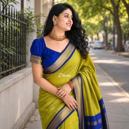 Image of DHIHA Gadwal Cotton Saree for Women | Pure Kalyani Cotton Saree with Zari Border Tassels & Blouse | Kanjivaram Linen Silk | Handloom Weave