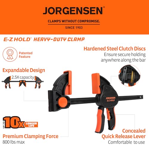 Image of Jorgensen E-Z Hold 800LBS Heavy Duty Clamps, 50 Inch 2-Pack Expandable Clamp /Spreader, One Hand Bar Clamps, Trigger Clamp, Bar Clamps for Woodworking