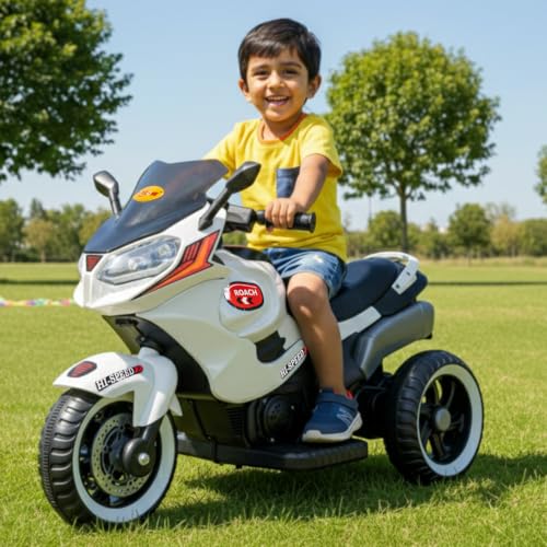 Image of Toyzone Roach Electric Bike (White) | 6V Rechargeable Bike for Kids with 4.5Ah Battery | LED Lights, Music, MP3 /USB /BT | Smooth Acceleration | 6M Battery Warranty | Age 2-8 Years, Up to 35kg