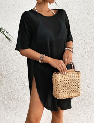Bsubseach Sheer Bathing Suit Cover Up for Women Side Split Bikini Mesh Coverup Tops Resort Wear3