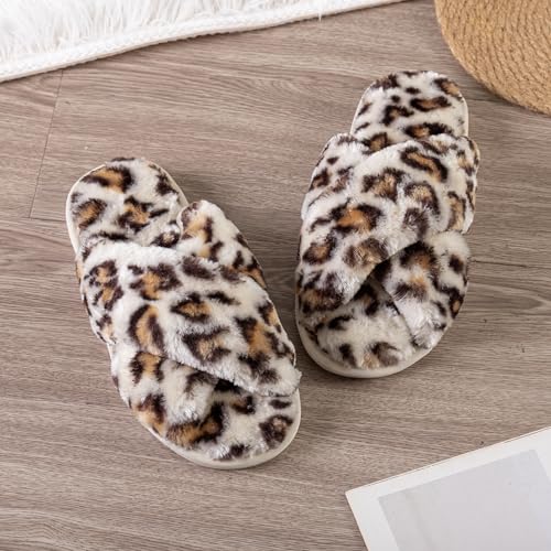 Image of Enteer Women's Slipper Memory Foam Cross Band Fuzzy Slippers Open Toe Cozy House Slippers Cozy Plush Bedroom Indoor Outdoor