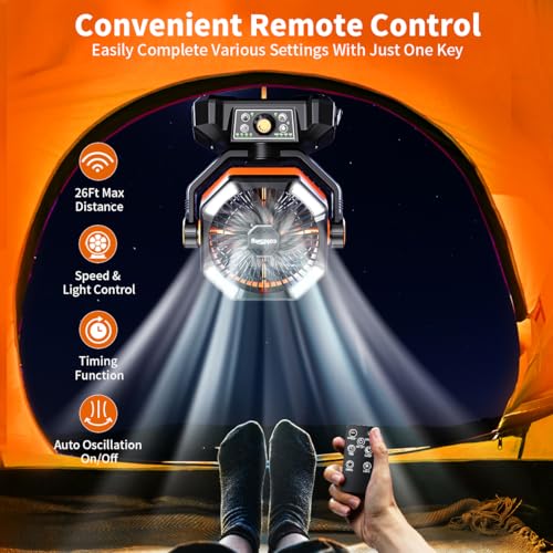 Image of coldSky Rechargeable Table Fan for Home with LED Light & Remote Control, 20000mAh Battery Fan Rechargeable Big Size With 8 Speed Modes (Orange)