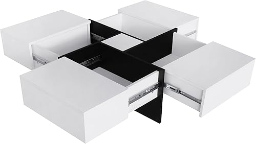 Miniatura 9 de Merax Mesa auxiliar, moderna mesa de centro extensible con 4 compartimentos de almacenamiento ocultos, mesa de cóctel central cuadrada de alto