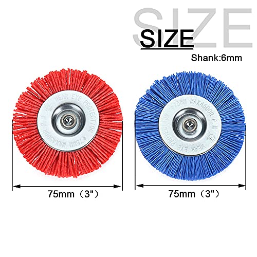 Image of 2 Pack 3 inch Nylon Filament Abrasive Wire Brush Cup Polishing Wheel with 1 /4inch Hex Shank Surface Cleaning Rust Removal Deburring Bule /Red 120 240