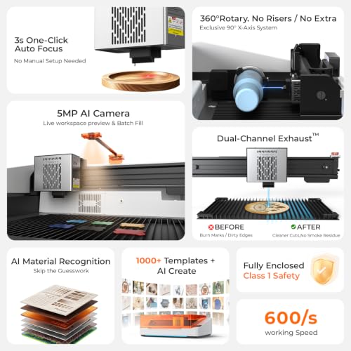 Image of TOOCAA NOVA 20W Smart Laser Engraver, 5MP AI Camera Positioning, Auto Focus, 360 Rotary Kit /Air Assist, AI Material Recognition, Laser Engraving Machine for Tumblers Wood Acrylic Metal Jewelry