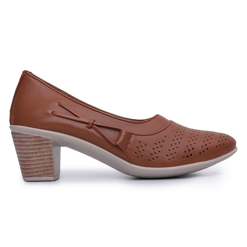 Padchin Women Round Toe Block Heel Tan Pumps | Formal and Casual Fashion sandal with Stiletto Heels | Comfortable Casual and Formal Shoes | Stylish and Fashionable Ladies Pump Shoe for Daily Use 2