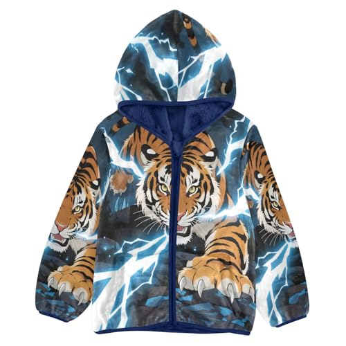 Tiger with Lightning Toddler Fleece Jacket Girl Boys Hooded Fleece Jacket Coat Warm Outwear Zip-up 3-10T