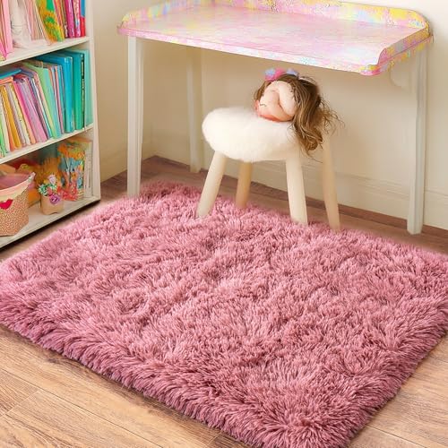 Small Blush Rugs for Bedroom, Fluffy 2x3 Rug Throw Non Slip for Bedside Dorm Kids Room, Plush Comfy Shag Carpet for Home Decor Aesthetic