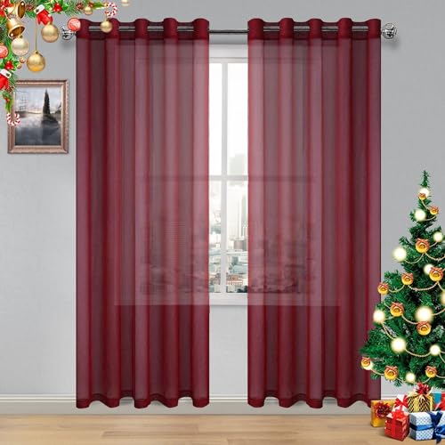 DWCN Burgundy Sheer Curtains, Faux Linen Grommet Window Curtain Voile Sheer Drapes for Living Room Bedroom Thanksgiving Day & Christmas Decor Set of 2 Panels 60 x 84 Inch Long, Burgundy Red by DWCN - Used condition - US$20.66
