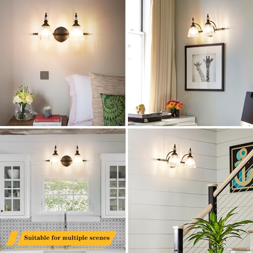 Image of Matte Black Vanity Light, Farmhouse Bathroom Light Fixtures, 2 Light Bathroom Vanity Lights, Flower Glass Shade Wall Sconce Lighting