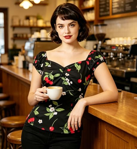 Image of YARN & INK Women's Rockabilly Tops 1950s Pinup Shirt Casual Off Shoulder Vintage Blouse