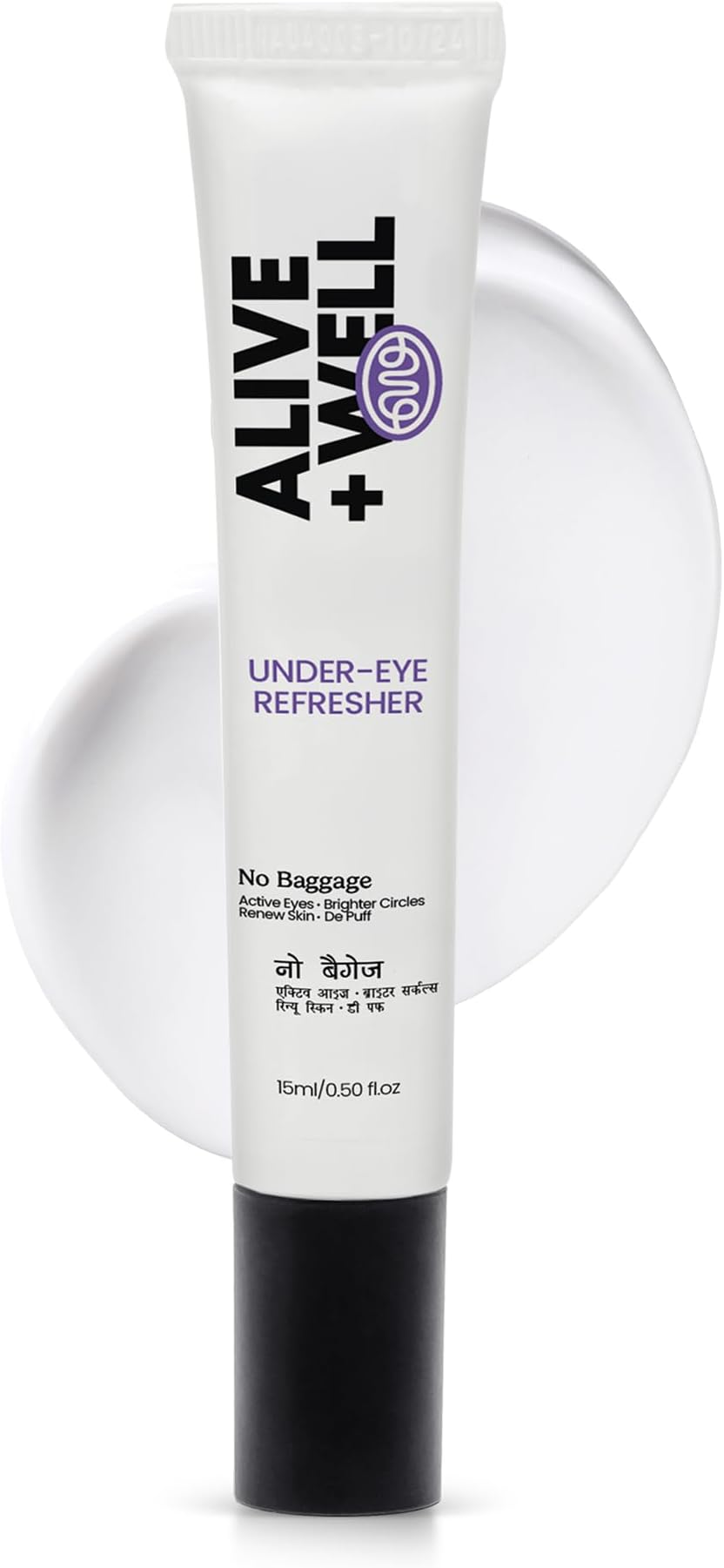 Alive + Well No Baggage Under Eye Cream Gel for Dark Circles & Puffiness, with Caffeine & Tripeptides, Reduces Fine Lines & Crows Feet, Dermatologist Crafted, Cooling Massage Applicator -15ml