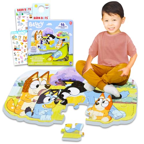 Bluey Foam Puzzle Mat Set - Bundle with 16 Pc Foam Floor Puzzle for Kids Plus Stickers, More | Bluey Jigsaw Puzzles for Kids, Boys, Girls