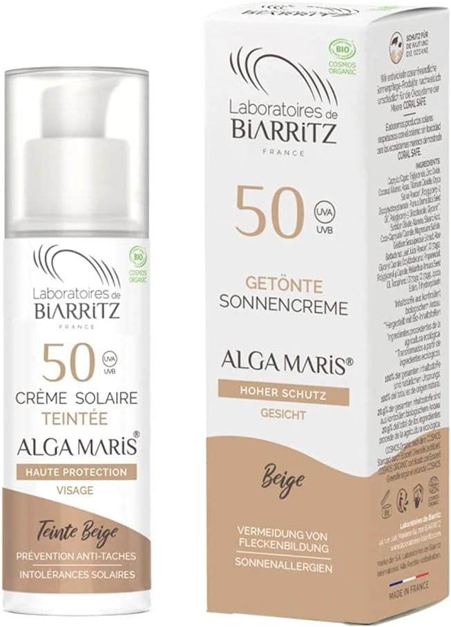Laboratoires de Biarritz – Getinte zonnecrème gezicht – Beige – LSF50 ALGA MARIS® biologisch gecertificeerd – Gehydrateerd, mat, zorgt voor een gezonde stralen – 50 ml – Made in France