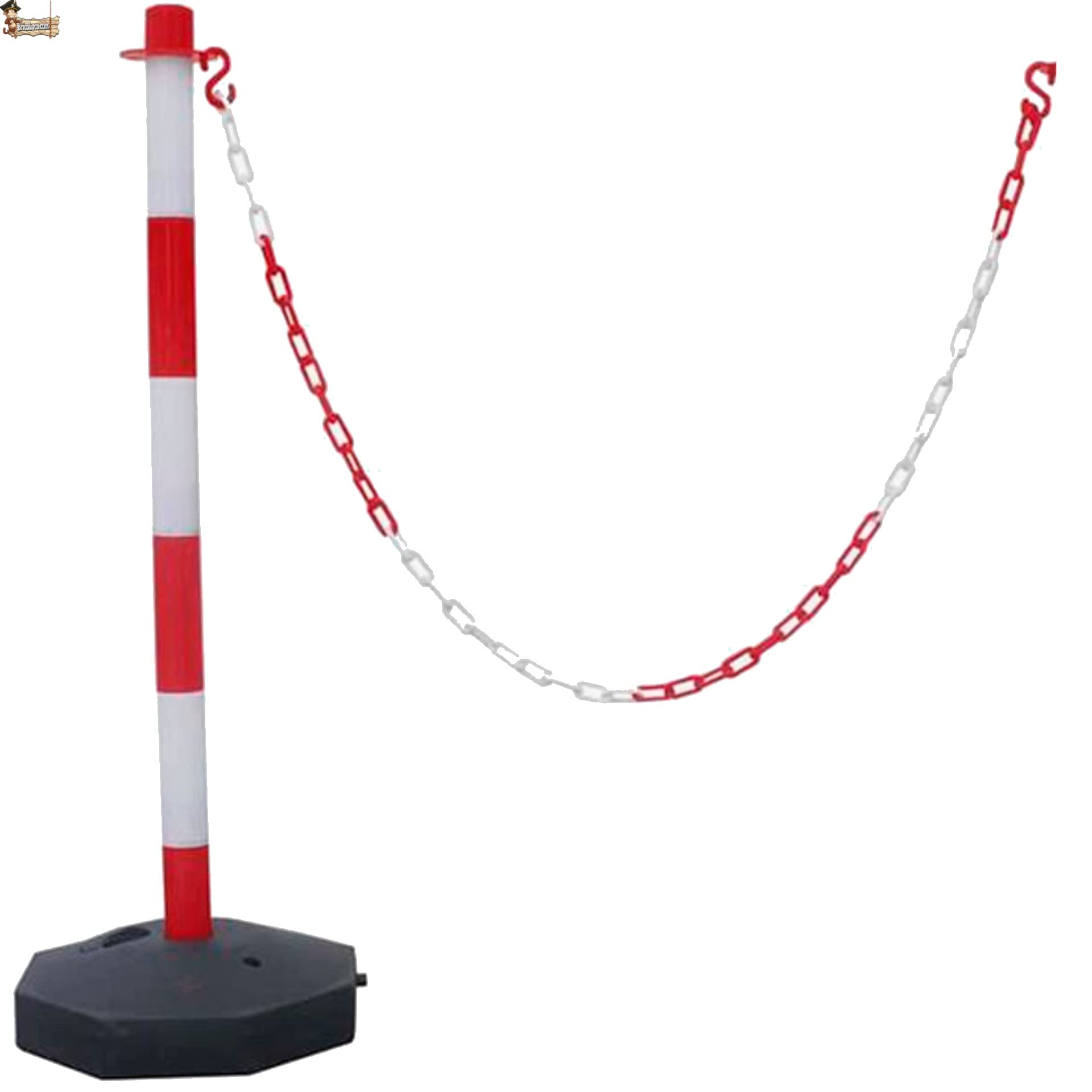 BricoLoco.com Poste señalización y balizamiento para cadena. FLUORESCENTE. Pack 8 uds. ¡¡¡ CADENA PLÁSTICO INCLUIDA !!!. Baliza poste separador de filas para eventos. Rojo y blanco de 87 cms. (8)