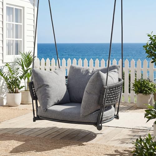 Image of Single Seater Porch Swing, Macrame Hanging Swing Chair Outdoor, Hammock Chairs for Adults, Outdoor Patio Swings with Cushions, Rope Rattan Hanging Chairs, Reading Nook Chair for Bedroom, Grey