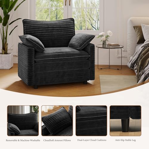 Image of Vesgantti 40 inch Single Seat Sofa, Comfy Cloud Couch Deep Seat Upholstered Couch Corduroy Modern Sofa with Armrest Pillow, Easy Assembly for Living Room, Bedroom and Apartment, Black