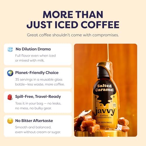 Image of Javvy Cold Brew Coffee Concentrate Instant Coffee, Salted Caramel | 100% Real Coffee, 0g Sugar, No Artificial Flavors, 60-80mg Caffeine per Serving, Gluten Free, Makes Hot or Iced Coffee