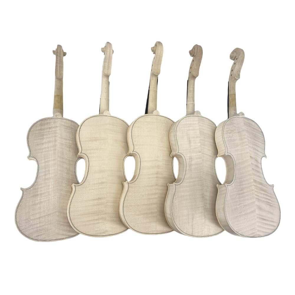 Violino Realizzato a Mano Senza Vernice - Taglia 4/4, Fondo Fiammato a Due Pezzi & Superficie in Abete, Legno Essiccato all'Aria, Fatto da Maestro Liutaio, Violino Bianco per Montaggio (Grano