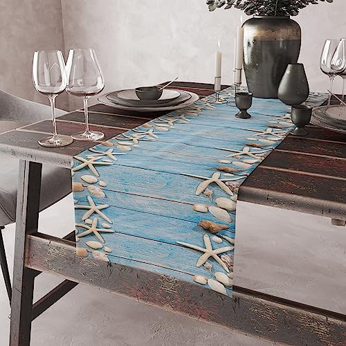 Image of Summer Beach Table Runner Dresser Scarves Beach Theme Cotton Linen Seashells Starfish Blue Rustic Wood Table Setting Decor for Wedding Party Holiday Dinner Home 13x120 inch