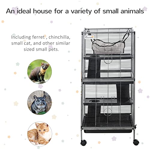 Pawhut Metal Small Animal Cage Rolling Big Ferret Cage, Chinchilla Cage, Sugar Glider Cage, With Hammock & 4 Tiers, Removable Tray #TOP3