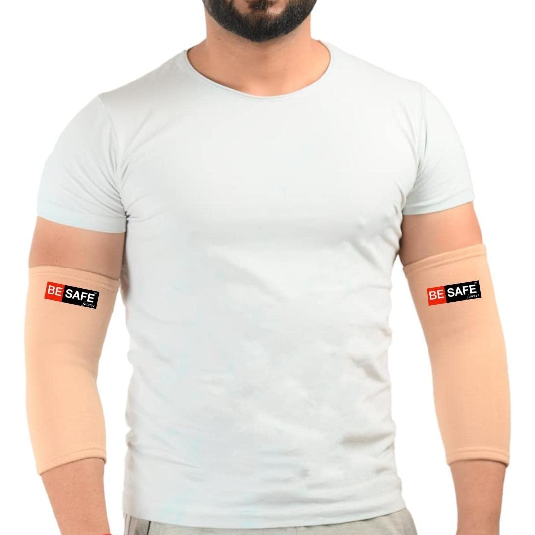 BESAFE Forever Compression Socks & Elbow Support Guard, Elbow Sleeves Band for Men & Women, Gym, Cricket, Badminton, Bikers | Pair, Beige (L)