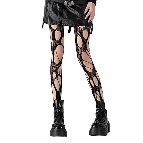 SimplCharm Distressed Ripped Fishnet Stockings for Women Sexy Hole Mesh Tights Y2k Lace Sheer Pantyhose - One Size - Black