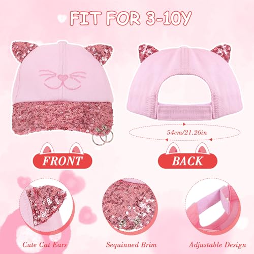 Girls Baseball Cap Kids Sunglasses Set,Adjustable Sun Hat Sequin Cat Ear Hat Cute Toddler Cap for Girls Ages 3-10Y(Pink)3