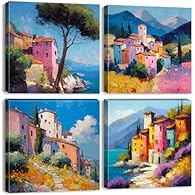 【Colorful Coast Art Wall Decor Size 】12x12 inch x4(30x30 cm x4), total 4 panels. Abstract mediterranean coast wall art come with framed and hook mounted ready to hang. Elevate your interior decor with this rural coastal country wall art. 【Nature Land...