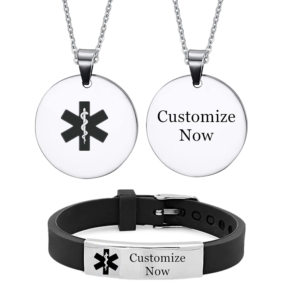 ForeverWillPersonalized Medical Alert Type 1 2 Diabetes Bracelet Necklace for Kids Women Men ID Wristband Pendant Diabetic Identification Jewelry for Girls Boys Teens Adults,2 Pack