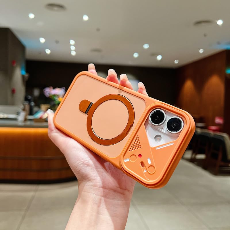 Image of LuxuryKase Magnetic Shockproof Case for iPhone 16 | Foldable 110 Metal Ring Kickstand | Matte Finish | Futuristic Camera Shield Design | Slim Profile & MagSafe Compatible - Orange