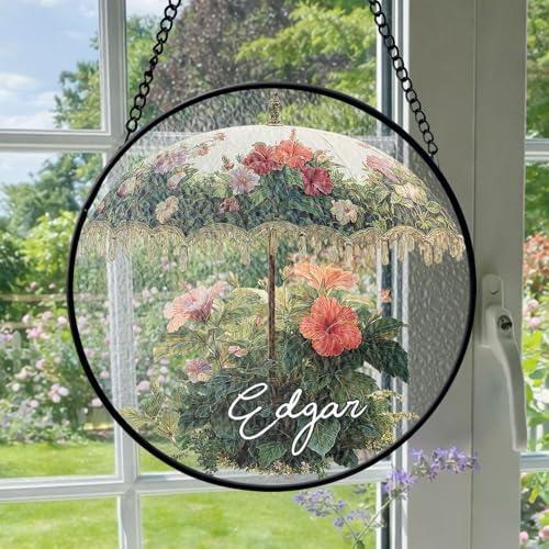 Custom Tropical Hibiscus Umbrella Stained Glass Suncatcher, Gifts for Housewarming, Personalized Name Hibiscus Lovers Round Hanging Suncatcher, Gifts for Friend Coworker, Window Decor