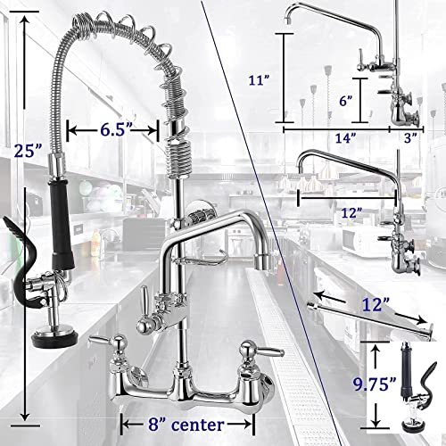 Agahpay Commercial Kitchen Sink Faucet With Pre Rinse Sprayer 8 Adjustable Center Wall Mount Restaurant Faucet With 12” Swing Spout 25” Height For Compartment Sink, Industrial, Chrome, Solid Brass #TOP6