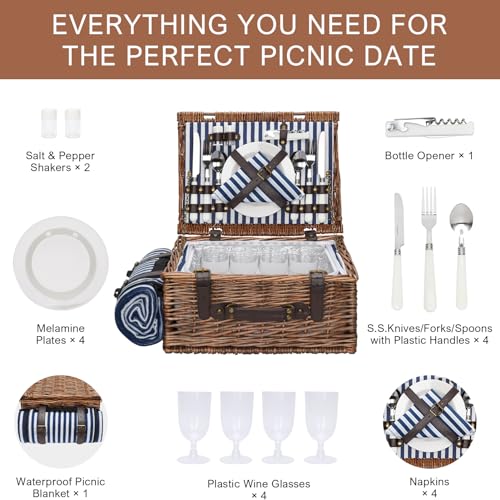 Image of Picnic Basket for 4 Persons - Baskets with Cooler and Picnic Blanket, Classical Wicker Picnic Basket with Waterproof & Sand-Proof Beach Mat,Willow Hamper Service Gift Set