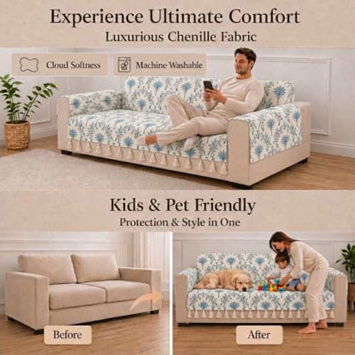 Image of STITCHNEST 'Eden Weaves Collection Series' 3 Seater Sofa Cover - Full Coverage| Elegant Woven Fabric, Decorative Tassels, Washable & Durable for Modern Living